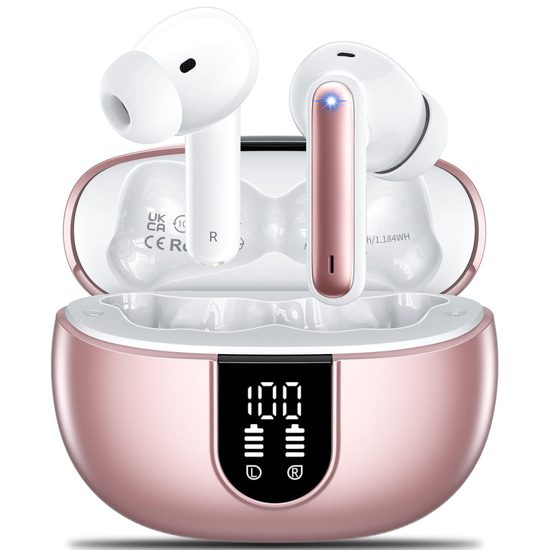 Wireless Earbuds Headphones Bluetooth 5.3 with 4 ENC Noise Cancelling MicsHi-Fi Stereo in Ear Ear Buds with LED ScreenIPX6 Waterproof42h Duration Playback for iPhone and Android rose gold earphones